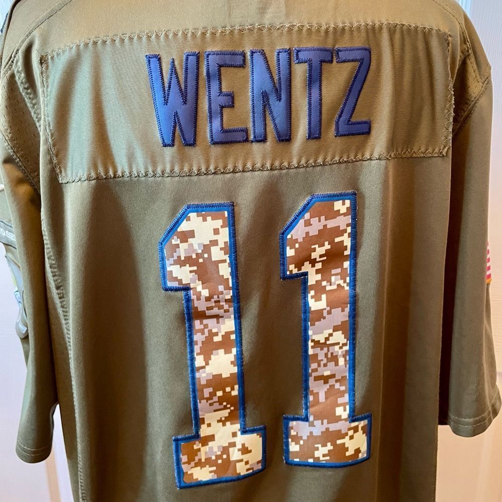 Olive Green Eagles Jersey with Embroidered Camo Number 11 Wentz Size Large - Picture 9 of 11